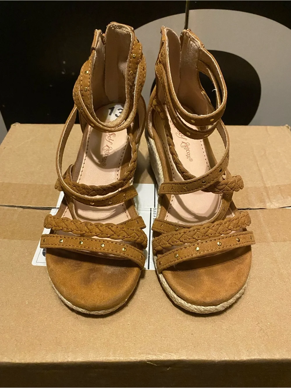 Girls' Tan Braided Espadrille Wedge Sandals with Studded Straps